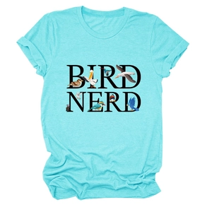 Dettaglio della stampa Bird Nerd su t-shirt girocollo in cotone color verde acqua