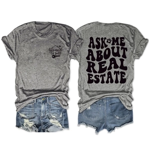 Dual-sided real estate print t-shirt showing front and back views with denim shorts