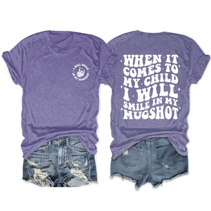 Double-sided purple casual T-shirt with 'Mugshot' typography and heathered cotton texture