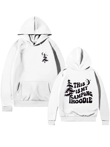 Front and back detail of white camping hoodie with pine tree print and drawstring hood