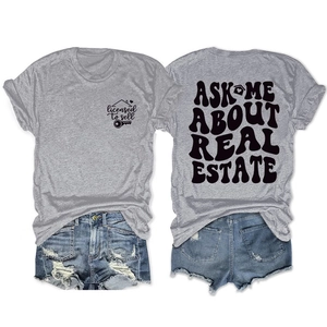 Detailed front and back views of real estate agent t-shirt with denim shorts outfit