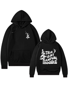 Front and back views of black camping hoodie with pine tree prints and text design