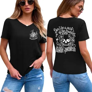 T-Shirt Femme Col En V Manches Courtes Mélange De Coton Graphique Crâne Fleurs Gothique Streetwear Haut D'Été