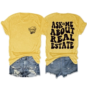Front and back views of a yellow real estate graphic t-shirt with cotton texture