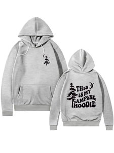 Detail view of grey camping hoodie showing front chest logo and large back print