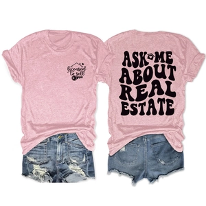 Detailed front and back view of pink Real Estate T-shirt paired with denim shorts
