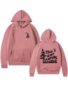 Pink camping hoodie featuring a small pine tree chest logo and large back text print