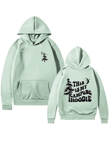 Detail view of mint green camping hoodie featuring ribbed cuffs and forest back print