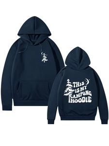 Detailed front and back view of navy blue camping hoodie with pine tree prints