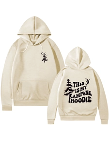 Detail of apricot camping hoodie with pine tree chest print and ribbed cuffs