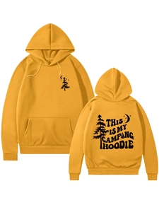 Front and back views of a ginger camping hoodie with forest graphics and pocket