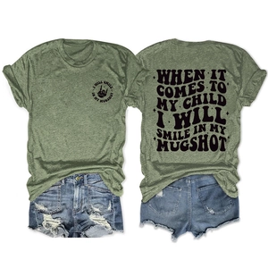 Olive green crew neck T-shirt with double-sided graphic prints and casual fit style