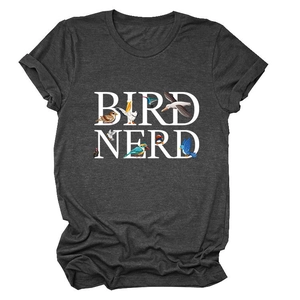 T-shirt Bird Nerd grigia da donna con illustrazioni di uccelli colorati e girocollo