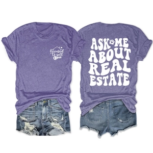 Detailed front and back view of purple real estate agent t-shirt with white printed text