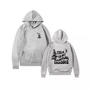 Front and back view of grey camping hoodie with moon and tree print for outdoors