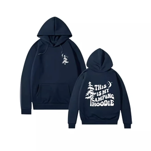 Navy blue camping hoodie with tree and moon print, showing front and back views