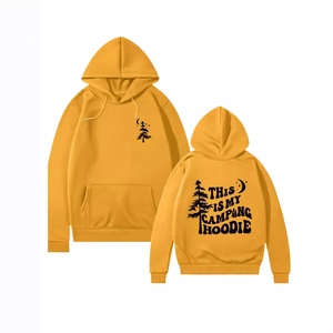 Ginger yellow camping hoodie with front and back pine tree prints and white background