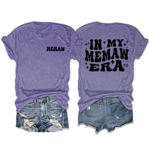 Front and back view of purple In My Memaw Era t-shirt paired with denim shorts
