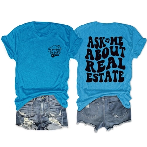 Front and back view of blue real estate t-shirt with licensed to sell slogan and logo
