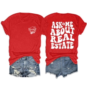 Front and back view of red real estate graphic tee with white printed typography