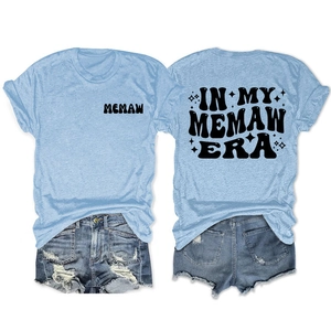 Front and back detail of In My Memaw Era t-shirt with retro print and denim shorts