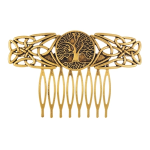 Vintage gold Tree of Life hair comb with Celtic knot design on white background