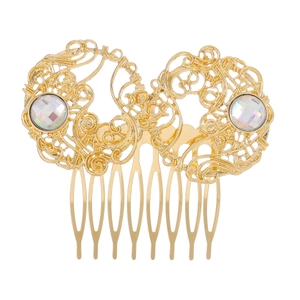 Vintage gold alloy hair comb with intricate filigree floral design and acrylic gemstones