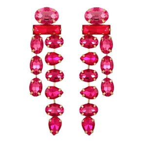 Elegant long tassel drop earrings with magenta gemstones and golden alloy settings