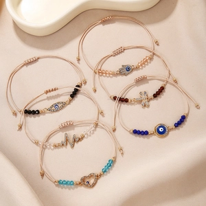 Evil Eye Hamsa Hand Woven Cord Bracelet Adjustable Alloy Rhinestone Charm Beaded Boho Jewelry For Women Men