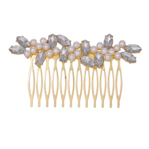 Peigne à cheveux doré élégant avec perles blanches et cristaux étincelants pour femmes