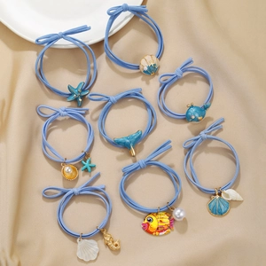 Ocean Theme Elastic Hair Ties Alloy Shell Starfish Mermaid Whale Drip Oil Artificial Pearl Rhinestones Summer Beach Girls Hair Accessories