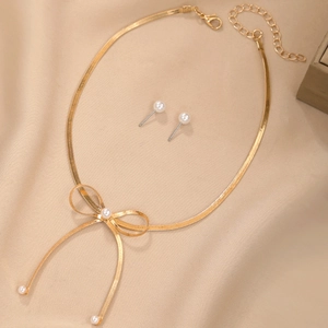 Schleife Künstliche Perlenhalskette Und Ohrstecker Kupfer Goldene Schlangenkette Elegante Damen Mode Schmuck Accessoires