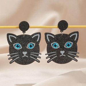 Cartoon Black Cat Head Earrings Glitter Acrylic Blue Eyes Halloween Cute Animal Jewelry For Women
