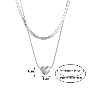 Collier double rang argenté avec chaîne serpent plate et pendentif cœur pour femme