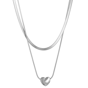 Collier double couche en argent avec chaîne serpent et pendentif cœur poli pour femme