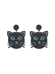 Detail of cute black acrylic cat earrings with blue eyes and glitter finish for women