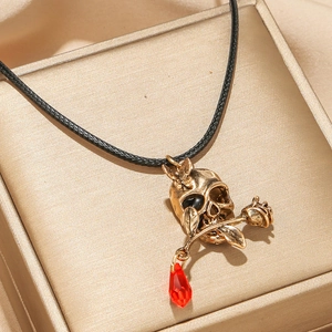 Gothic Skull Rose Pendant Necklace Alloy Crystal Red Teardrop Black Rope Punk Vintage Halloween Jewelry For Women