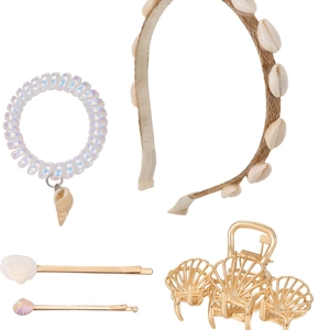 Set de 5 accessoires cheveux thème océan avec serre-tête, élastique et pinces dorées