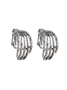 Detailed view of skeleton hand earrings crafted in vintage silver zinc alloy metal