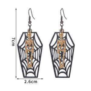 Boucles d'oreilles cercueil gothique noir avec crâne doré et toile d'araignée, 7cm