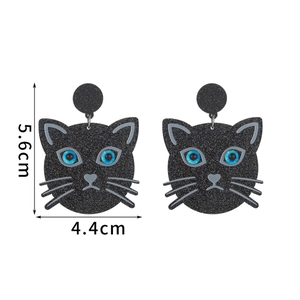 Creative black glitter acrylic cat earrings for women with bright blue eyes and cute ears