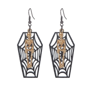 Boucles d'oreilles cercueil toile d'araignée gothique avec crâne doré d'Halloween