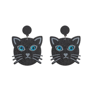 Cute black glitter acrylic cat earrings with blue eyes for women's daily accessory