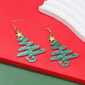 Christmas Tree Drop Earrings Acrylic Glitter Festive Holiday Party Jewelry For Women Gold Tone Metal Hooks