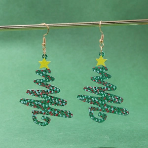 Minimalist Christmas tree earrings with colorful polka dots and golden stars for women