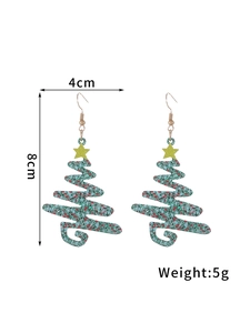 Detailed view of large 8cm Christmas tree drop earrings with colorful glitter texture