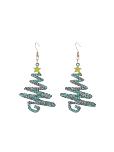 Detailed view of glittering green Christmas tree earrings with colorful sequins and gold hooks