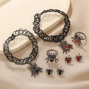 Gothic Dark Style Halloween Spider Jewelry Set Alloy Red Black Rhinestone Choker Necklace Earrings Ring For Women Party Accessory