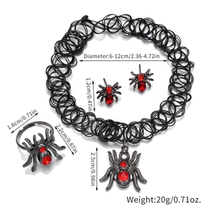 Gothic black spider jewelry set with red rhinestones including necklace earrings and ring