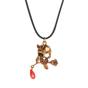 Gothic skull necklace with rose and red crystal on black cord for Halloween